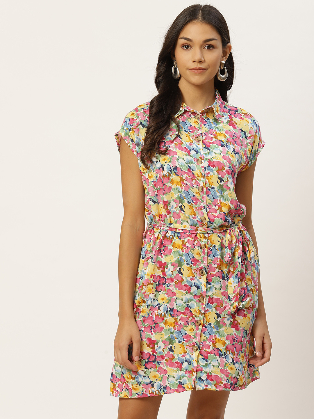 

Trendyol Pink White Floral Print Extended Sleeves Shirt Dress with Belt