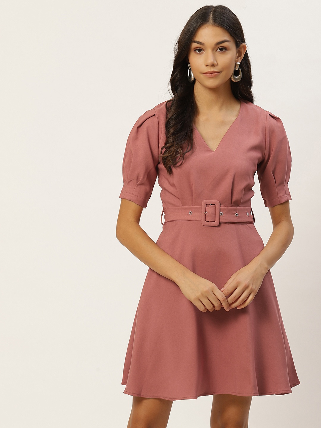 

Trendyol Coral Pink Solid Puff Sleeves Fit Flare Dress with Belt