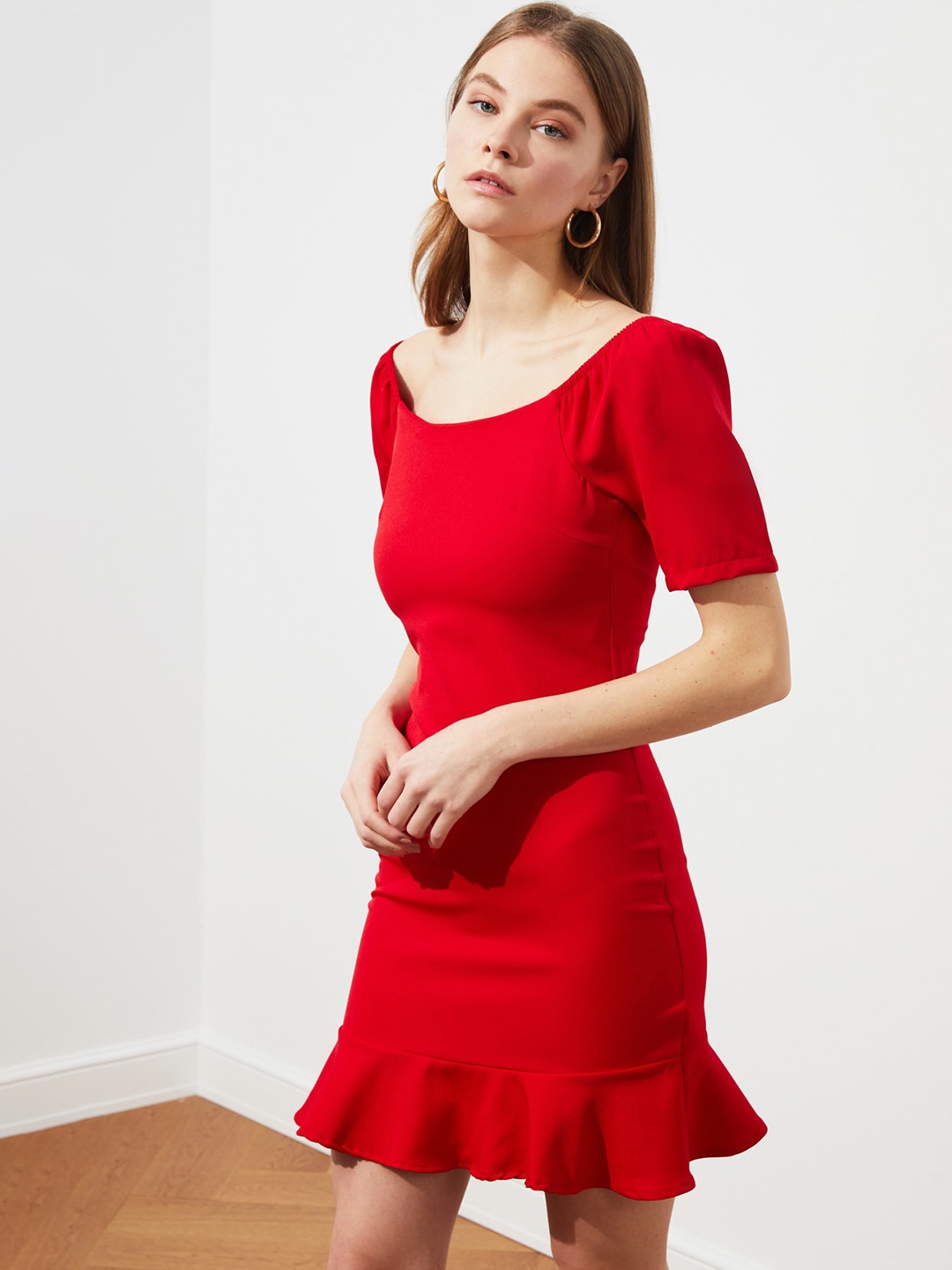 

Trendyol Red Solid Flounce Hem A-Line Dress