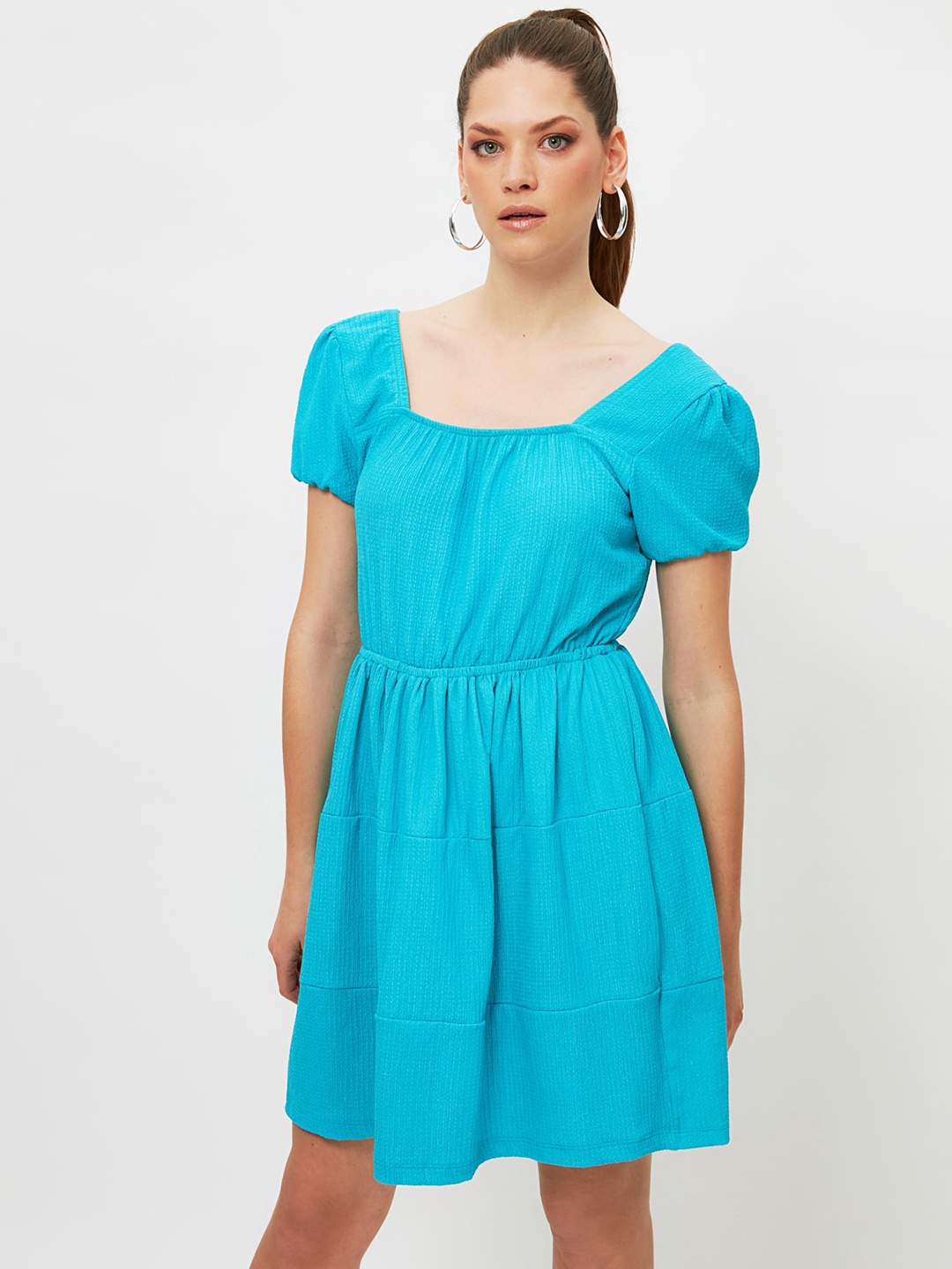 

Trendyol Blue Solid Gathered Tiered A-Line Dress