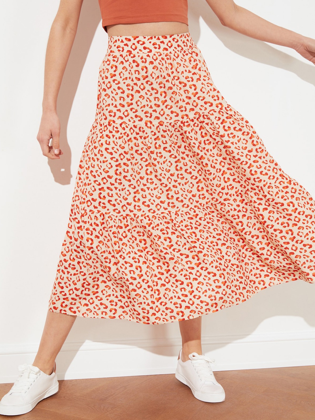 

Trendyol Women Off-White Orange Leopard Print Tiered Midi A-Line Skirt