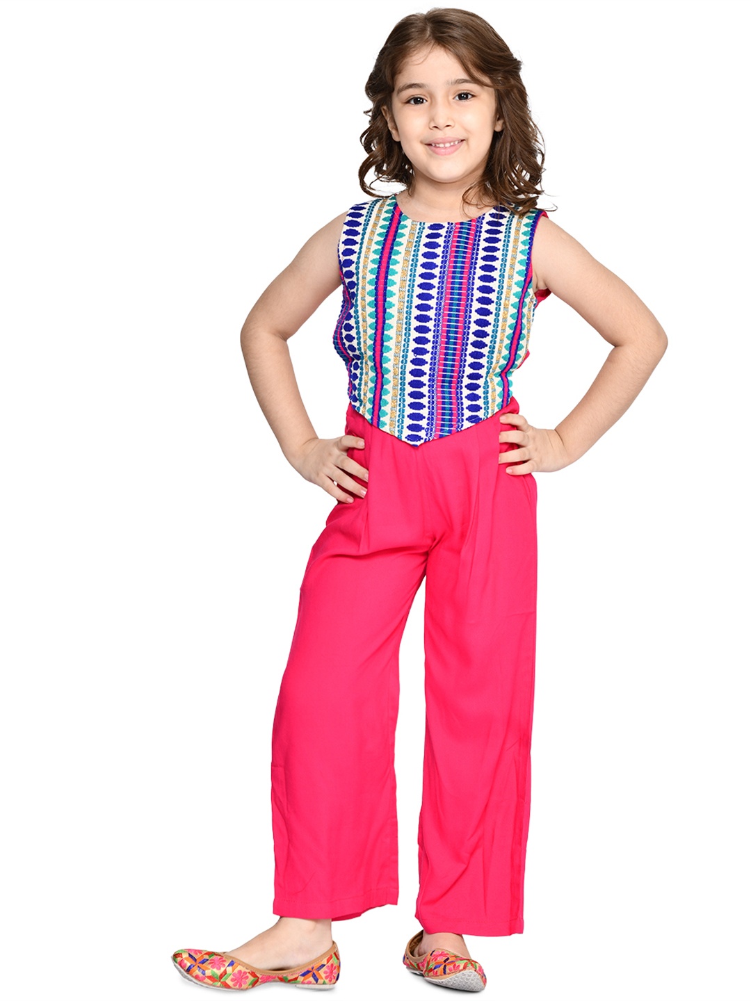 

LilPicks Girls Pink & Navy Blue Embroidered Jumpsuit