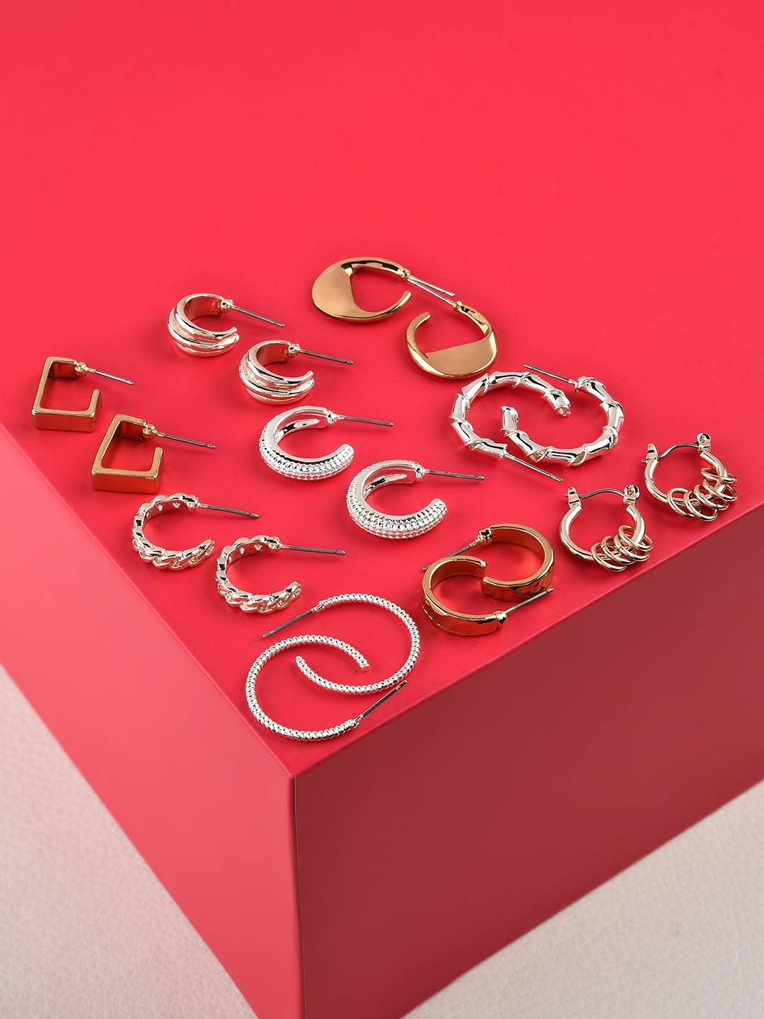 

AMI Rose Set Of 9 Gold & White Contemporary Half Hoop Earrings, Rose gold