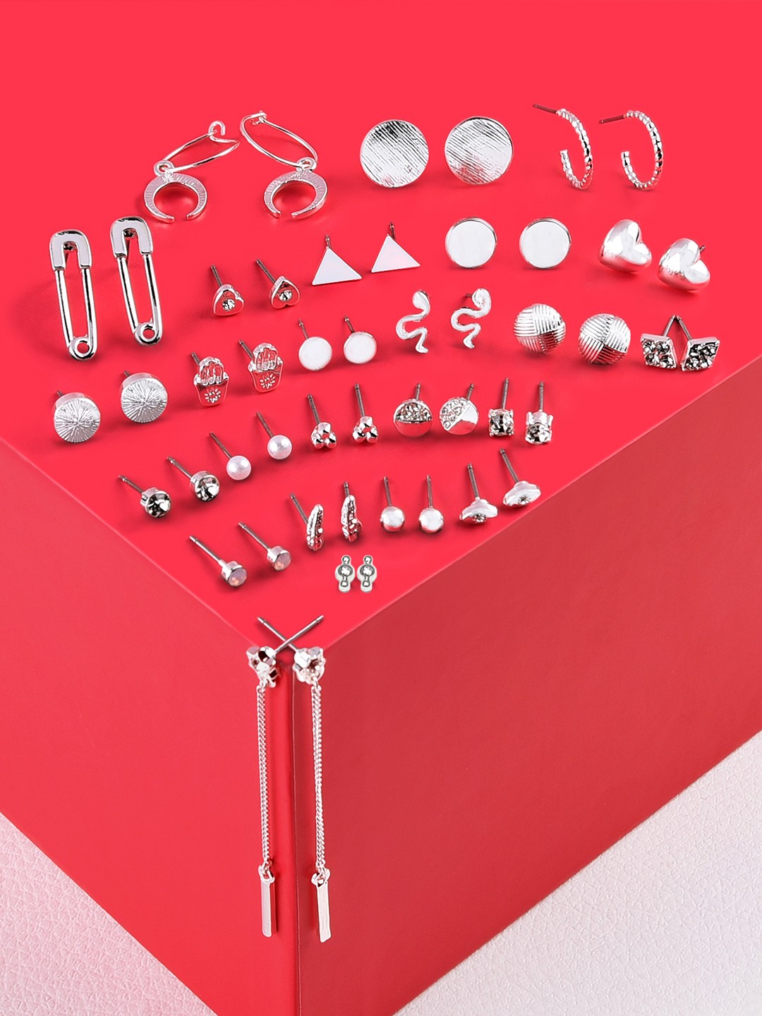 

AMI Combo Set of 25 Silver-Toned Contemporary Stud Drop & Semi-Hoops Earrings