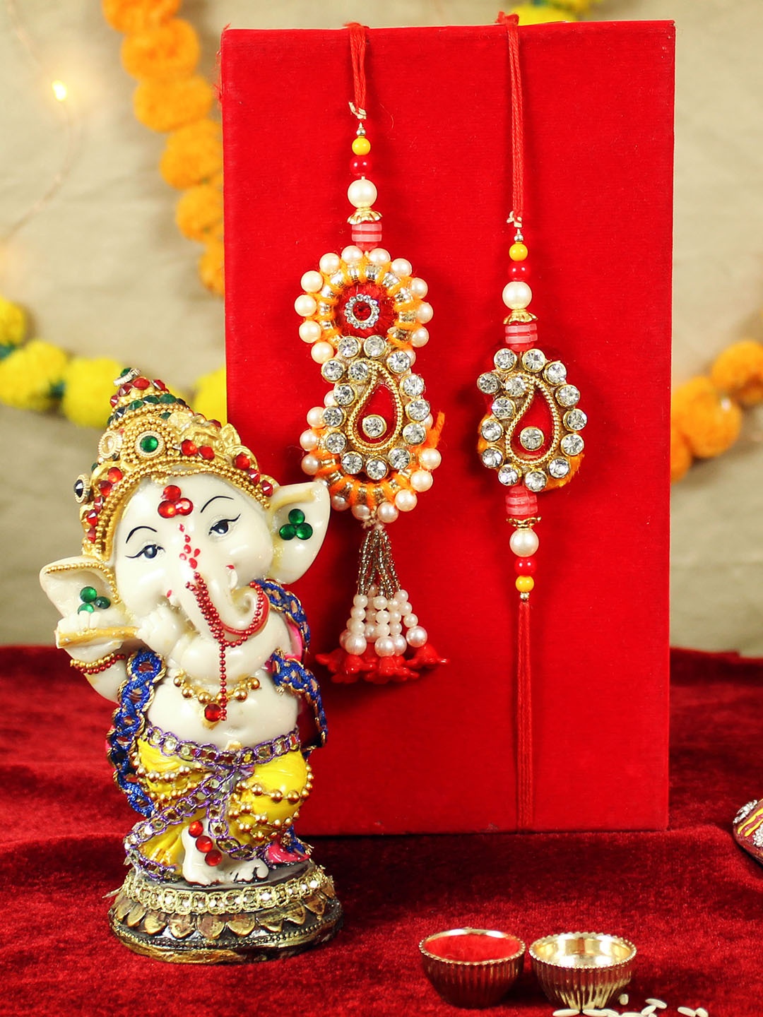 

TIED RIBBONS Unisex Red & Yellow Bhaiya & Bhabhi Zardozi Rakhi Gift Set