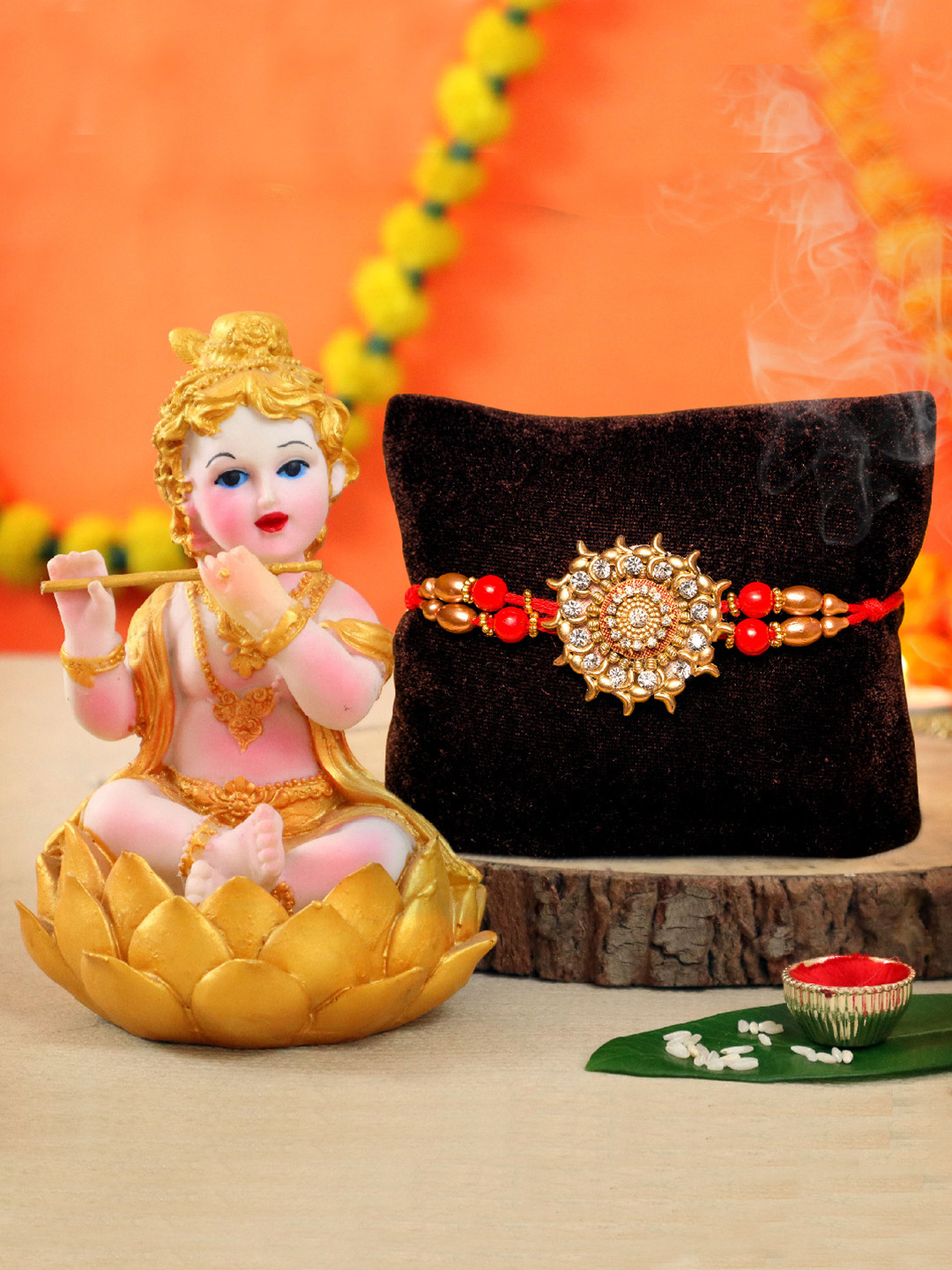 

TIED RIBBONS Red & Gold-Toned Krishna Idol Rakhi Gift Set