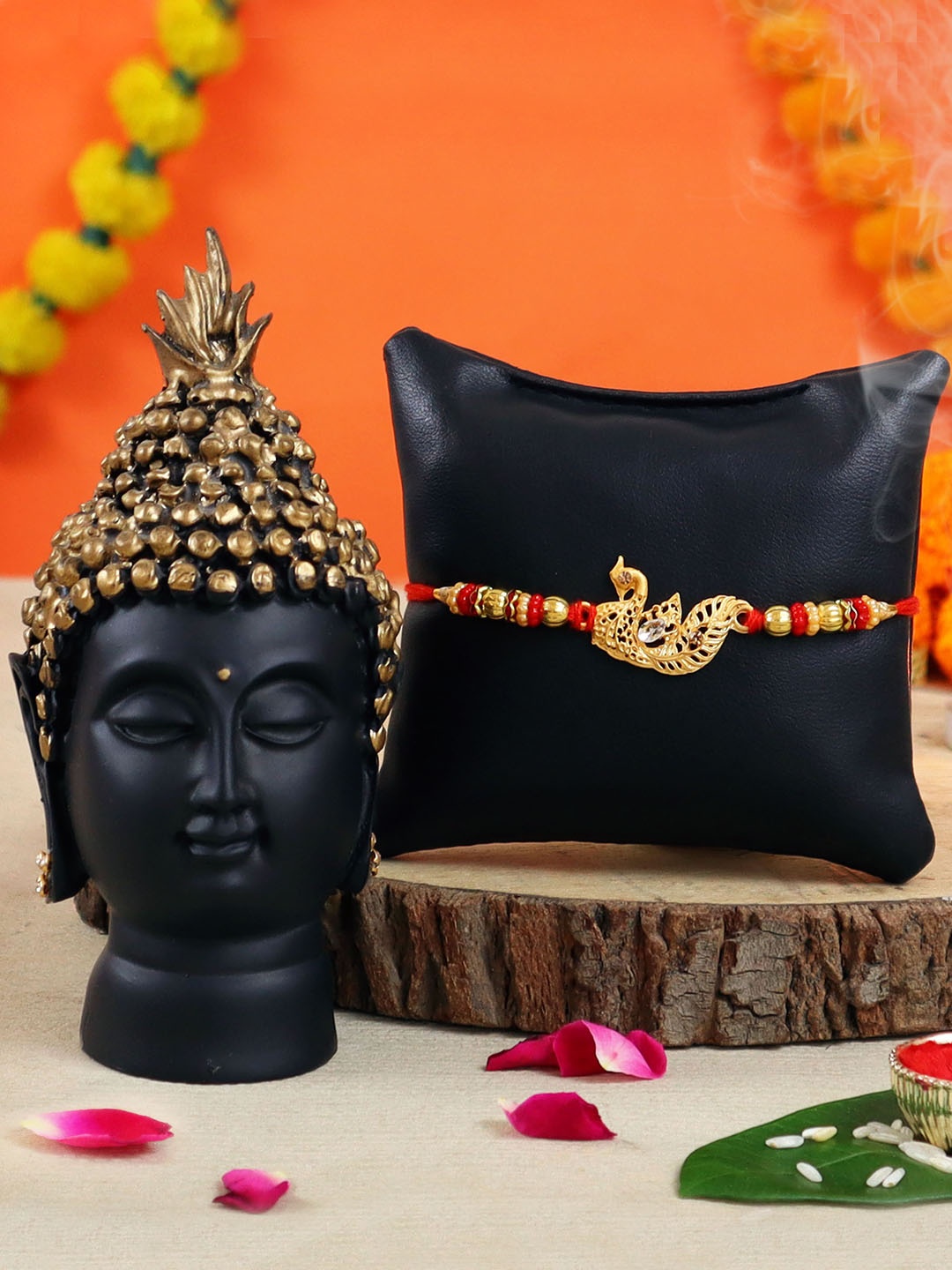 

TIED RIBBONS Black & Gold-Toned Buddha & Rakhi Gift Set