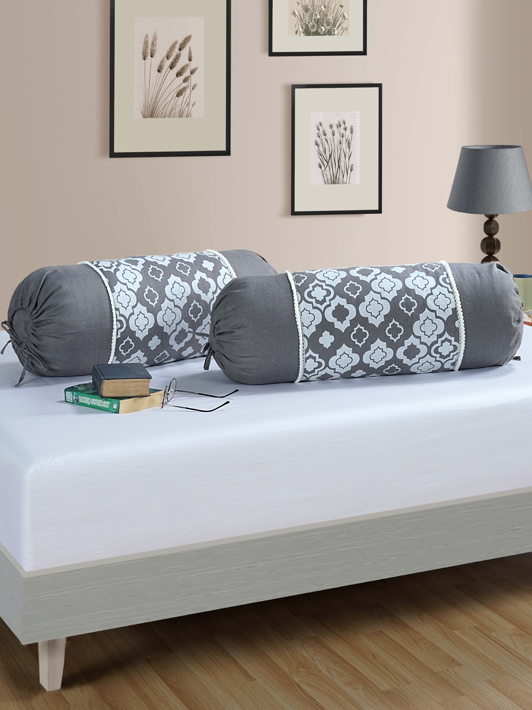 

SWAYAM Set Of 2 Blue & White Floral Printed Pure Cotton Bolster Covers, Grey