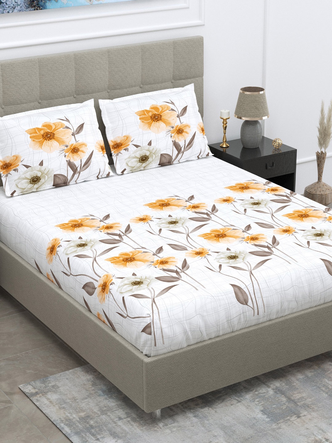 

DREAM WEAVERZ White & Mustard Yellow Floral King Bedsheet with 2 Pillow Covers
