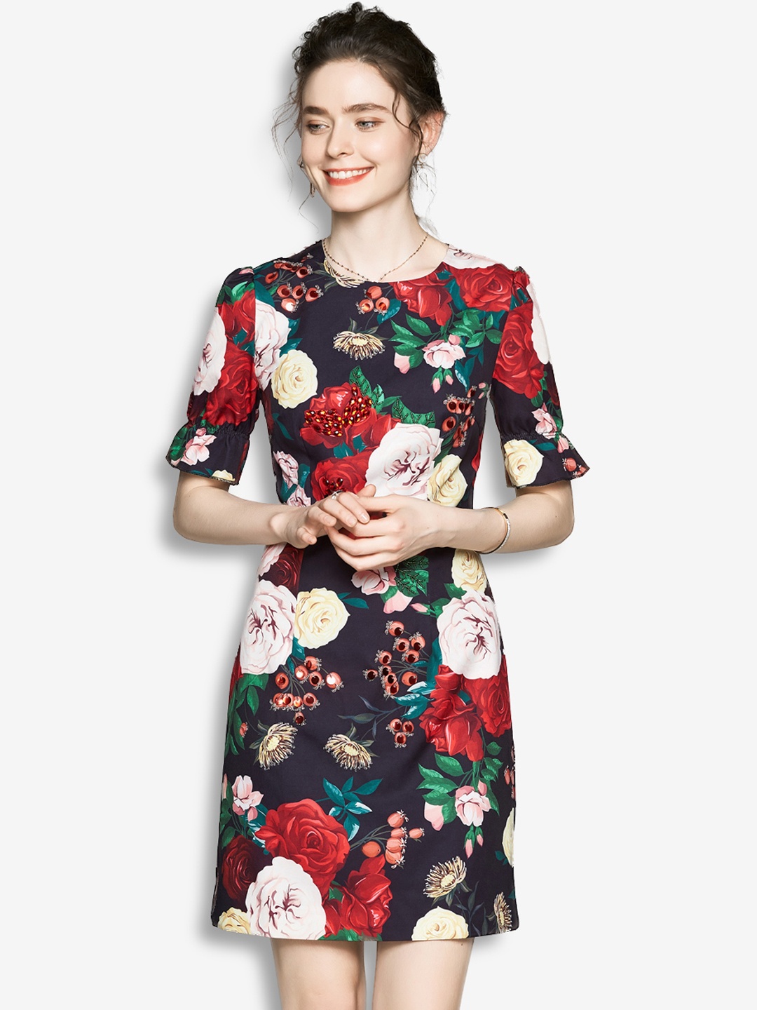 

JC Collection Women Red Floral Sheath Mini Dress