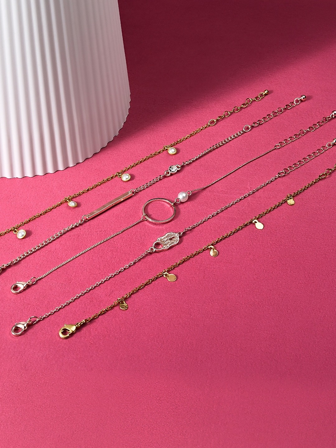 

AMI Women Set of 5 Gold-Toned & Rose Gold Pearls Gold-Plated Wraparound Bracelet