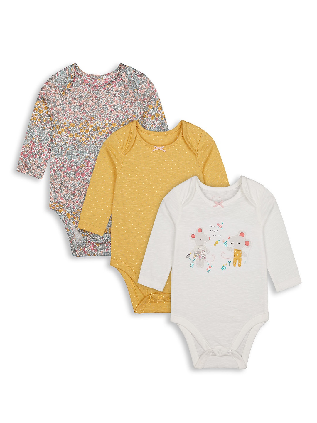 

mothercare Infant Girls Pack of 3 Printed Pure Cotton Bodysuits, Multi