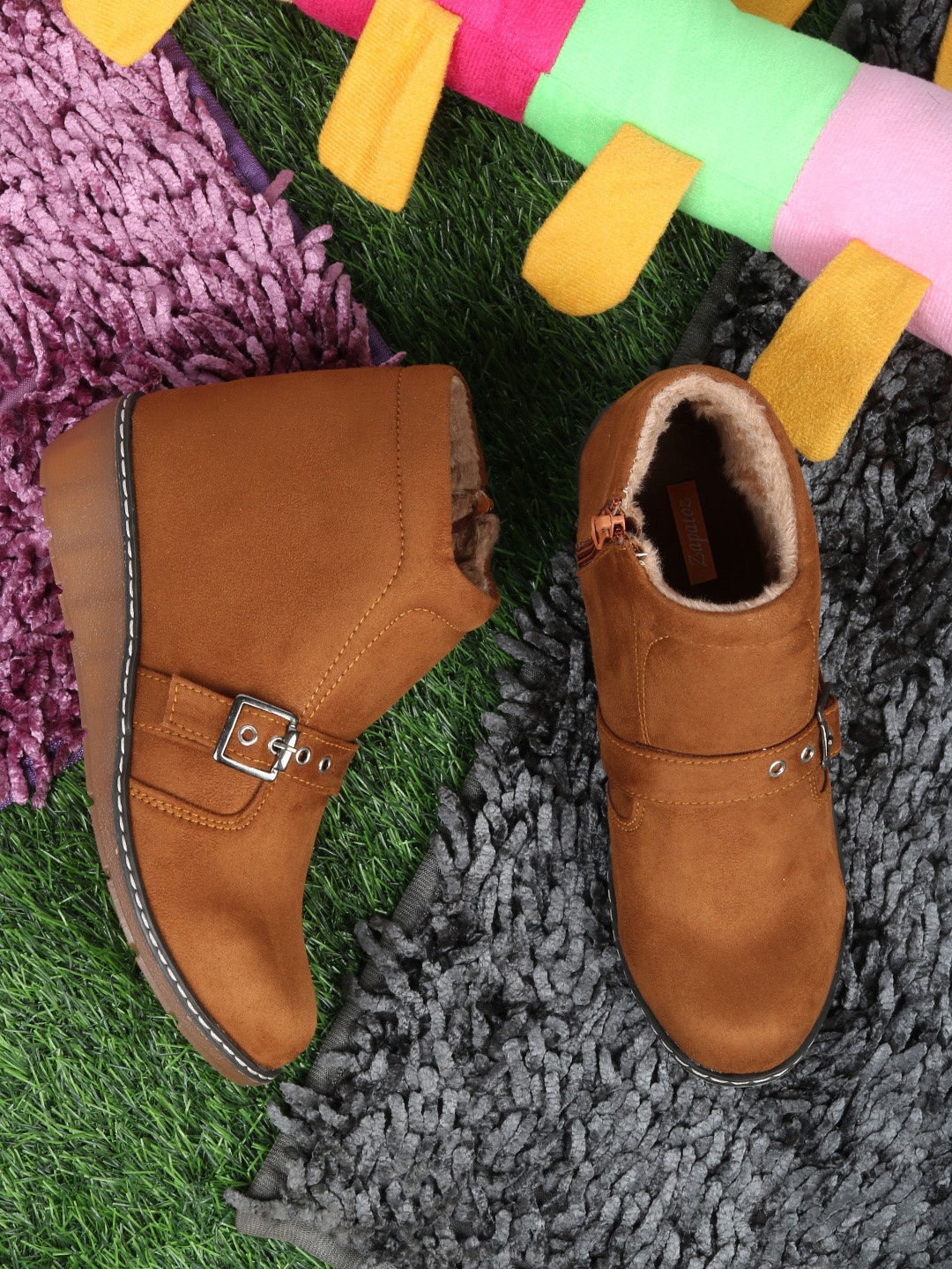 

ZAPATOZ Women Tan Brown Suede High-Top Flat Boots