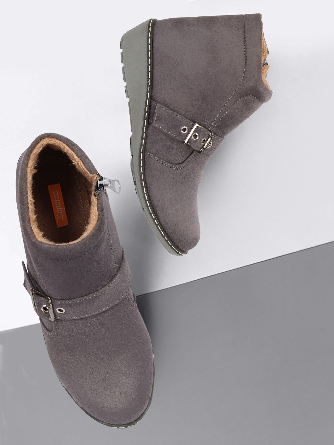 

ZAPATOZ Women Grey Suede High-Top Flat Boots