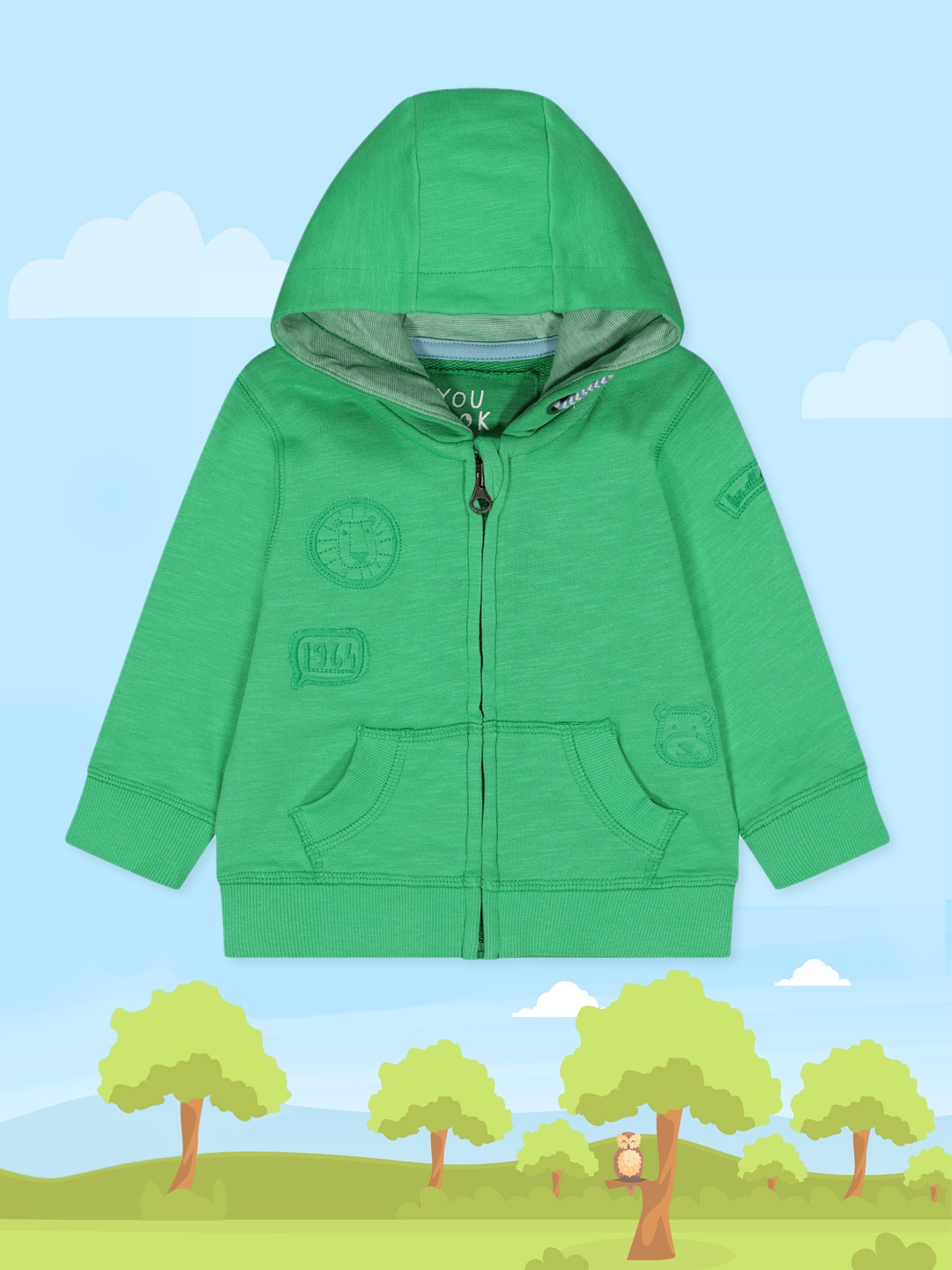

mothercare Infant Boys Green Self-Design Pure Cotton Hooded Sweatshirt