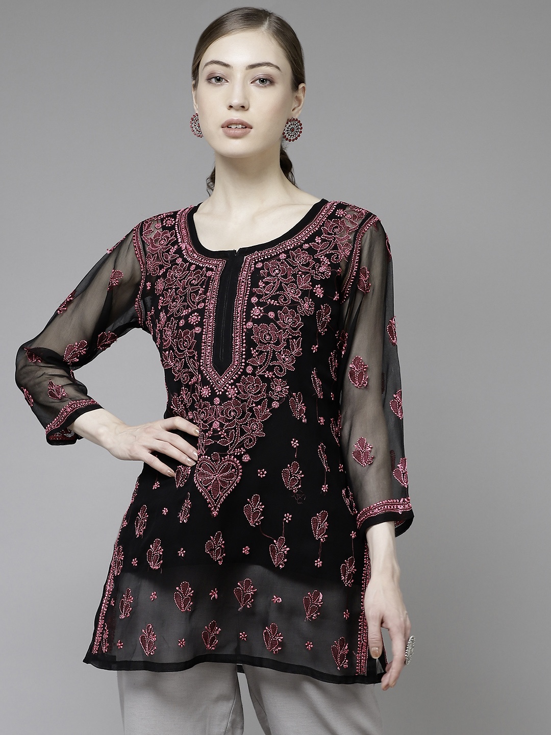 

ADA Black & Red Ethnic Motifs Embroidered Chikankari Kurti With Inner