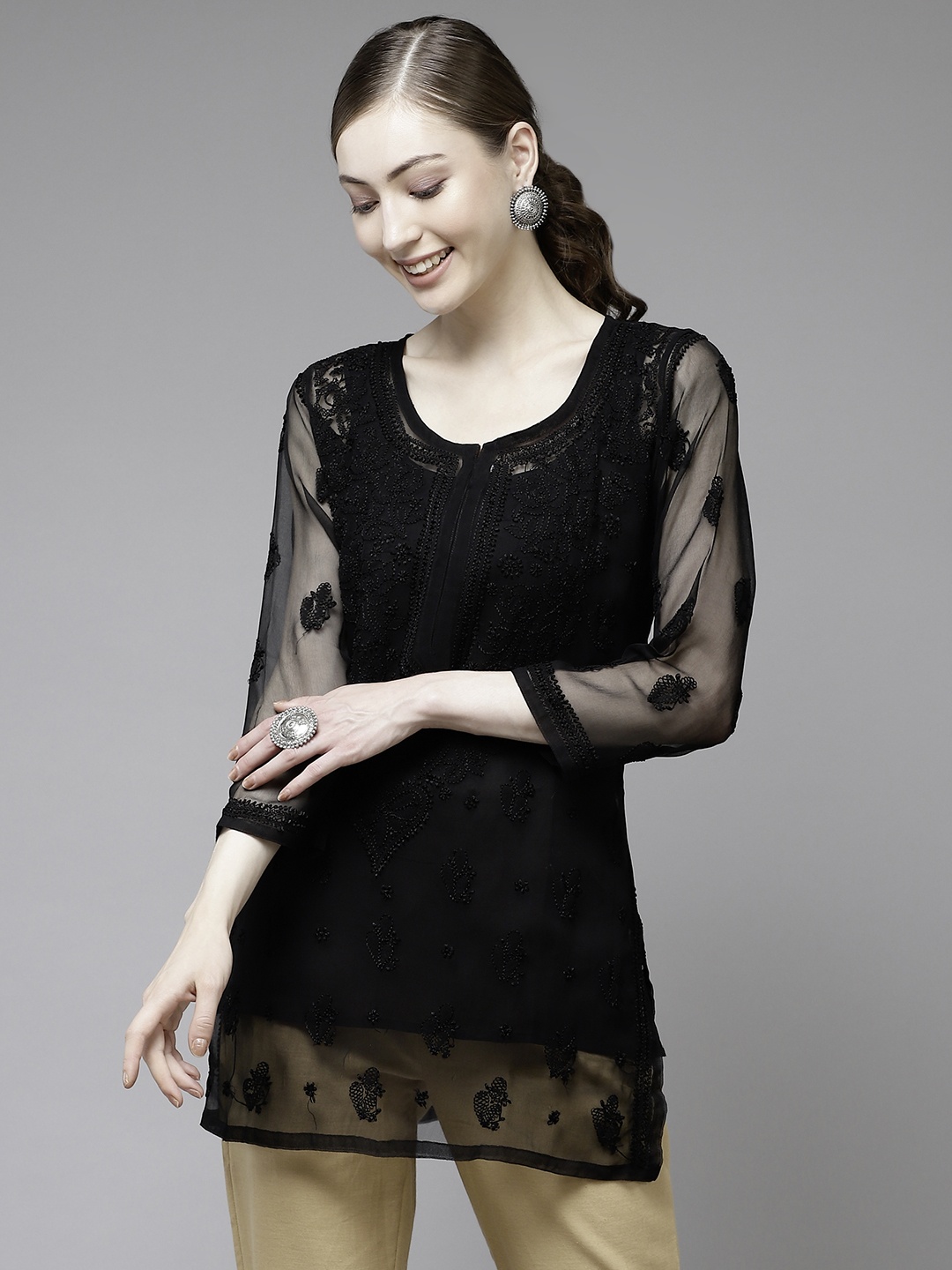 

ADA Black Ethnic Motifs Embroidered Chikankari Kurti With Inner