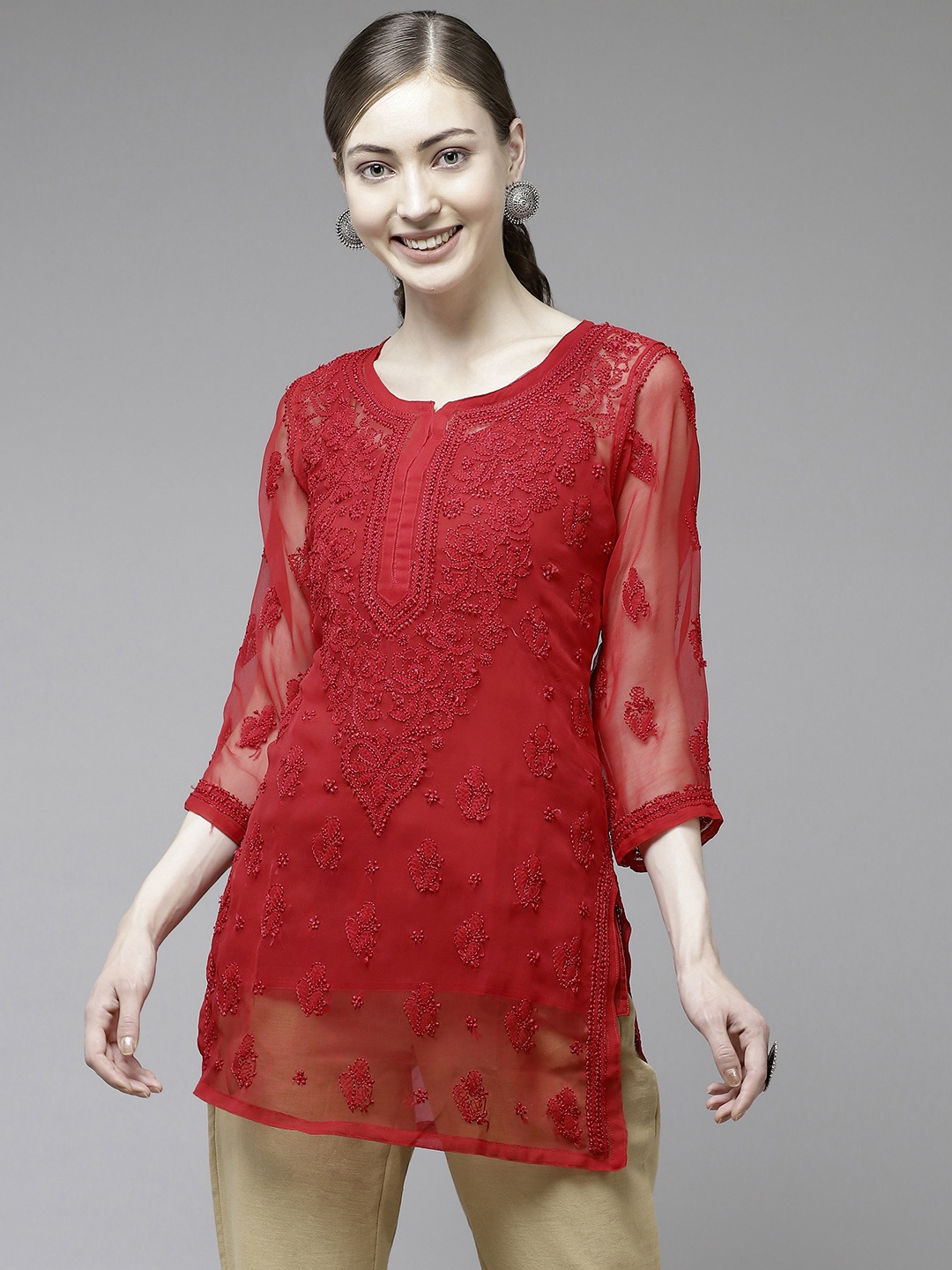 

ADA Women Red Ethnic Motifs Chikankari Pure Georgette Sustainable Kurti With Slip
