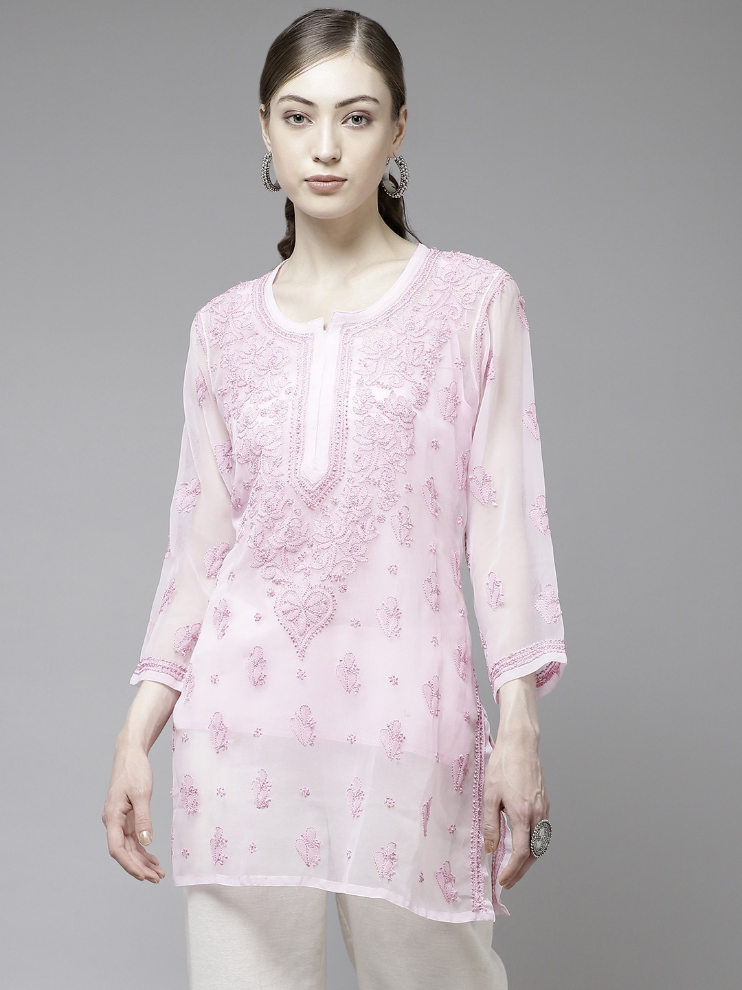 

ADA Women Pink Ethnic Motifs Chikankari Pure Georgette Sustainable Kurti With Slip