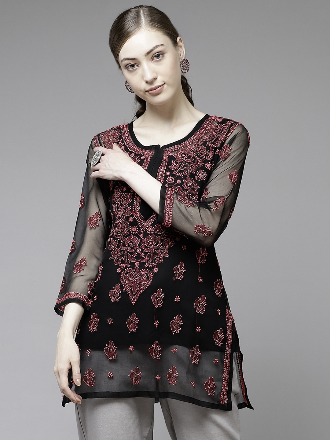 

ADA Women Black & Coral Pink Ethnic Motifs Chikankari Pure Georgette Sustainable Kurti With Slip