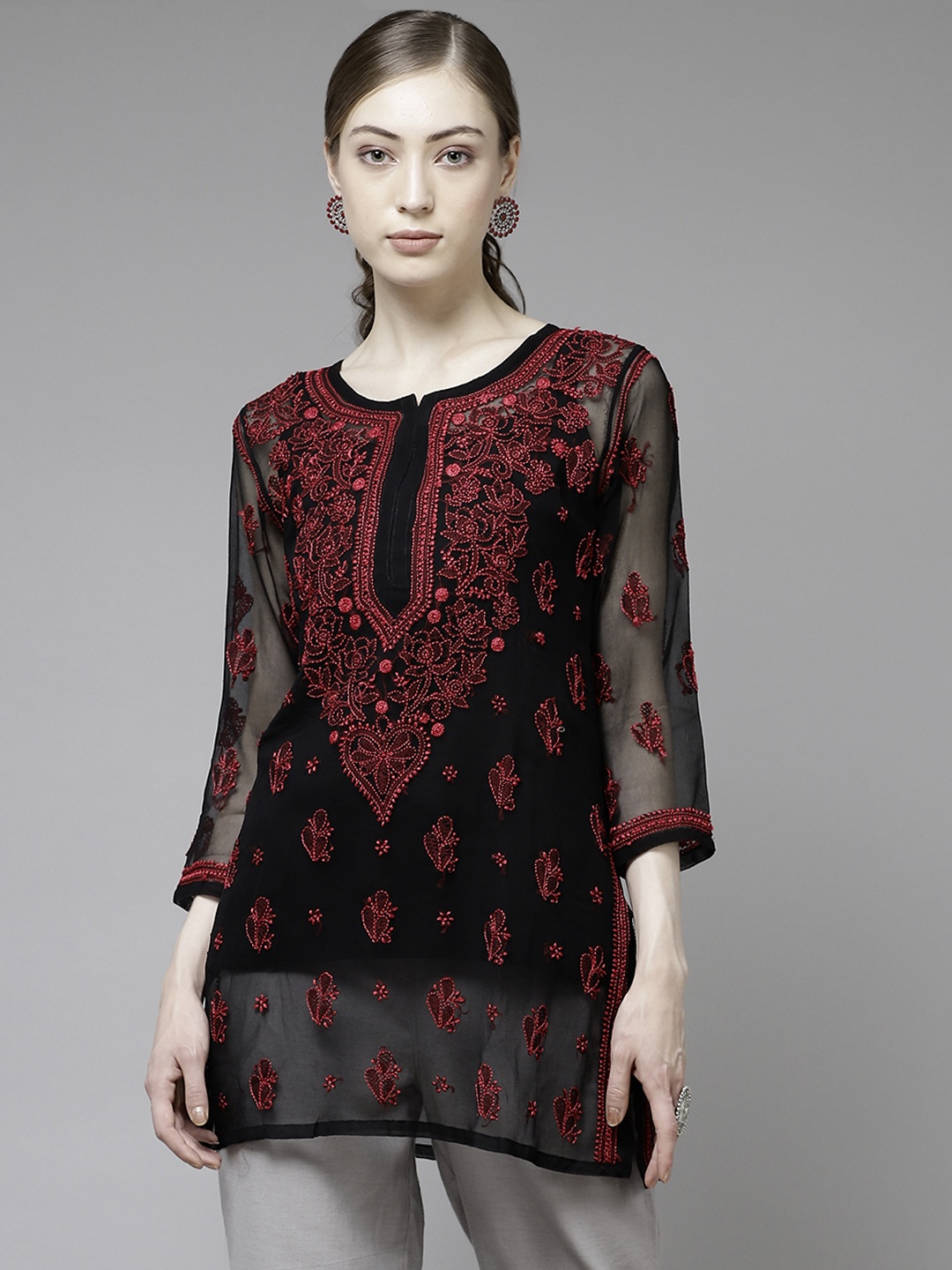 

ADA Black & Maroon Sustainable Chikankari Pure Georgette Sheer Kurti with Inner