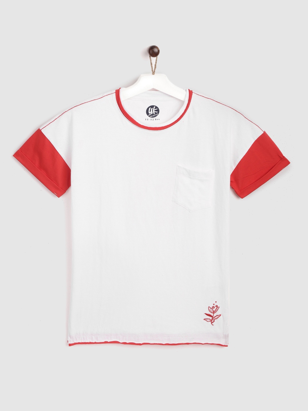 

YK Boys White Red Solid Pure Cotton Extended Sleeves Round Neck Pure Cotton T-shirt