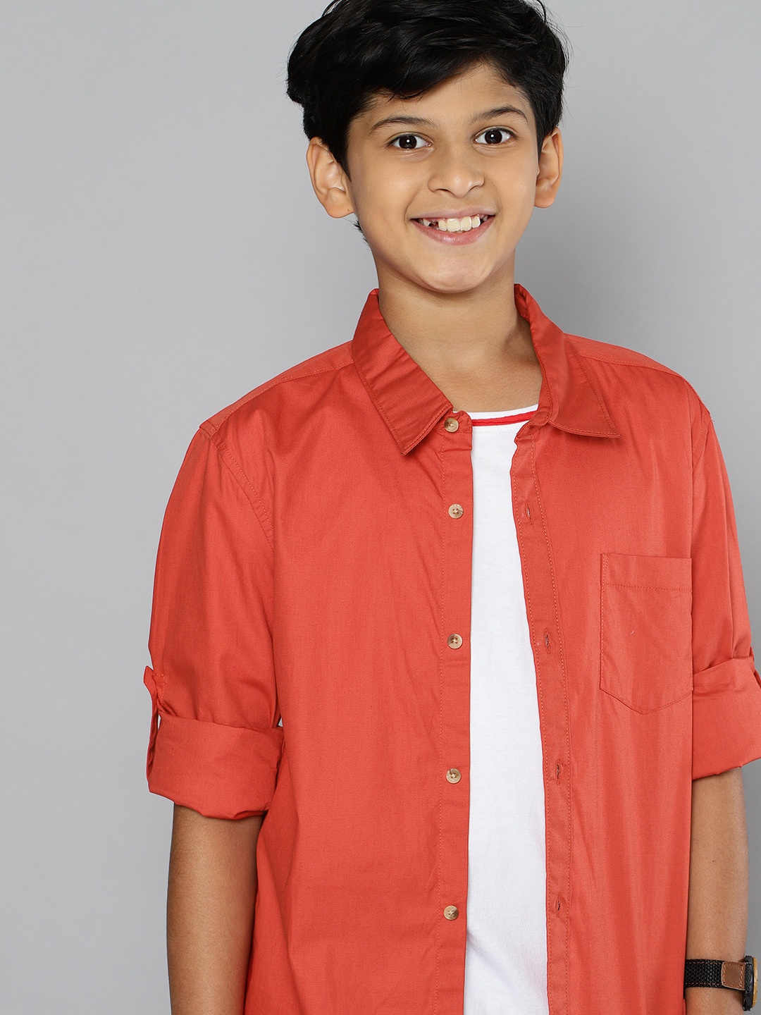 

YK Boys Red Solid Pure Cotton Opaque Casual Shirt