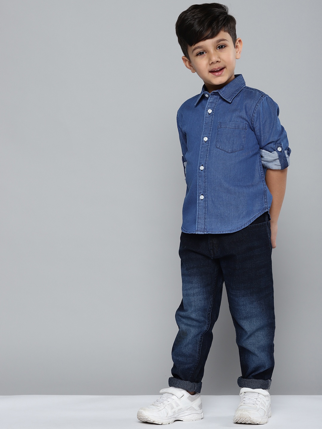 

YK Boys Blue Solid Cotton Chambray Casual Shirt