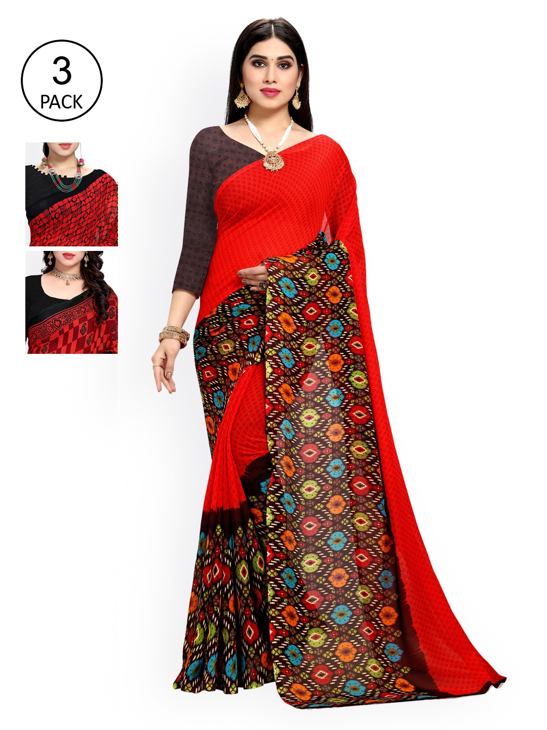 

KALINI Pack Of 3 Printed Poly Georgette Saree, Black