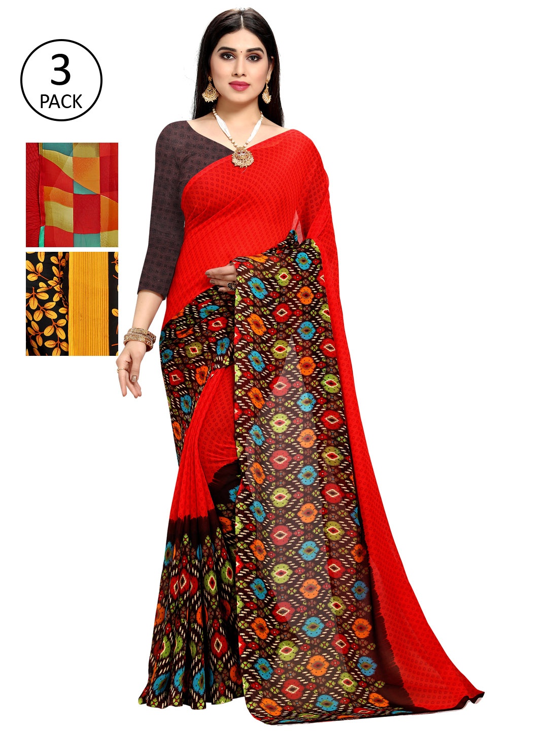 

KALINI Pack of 3 Printed Sarees, Red