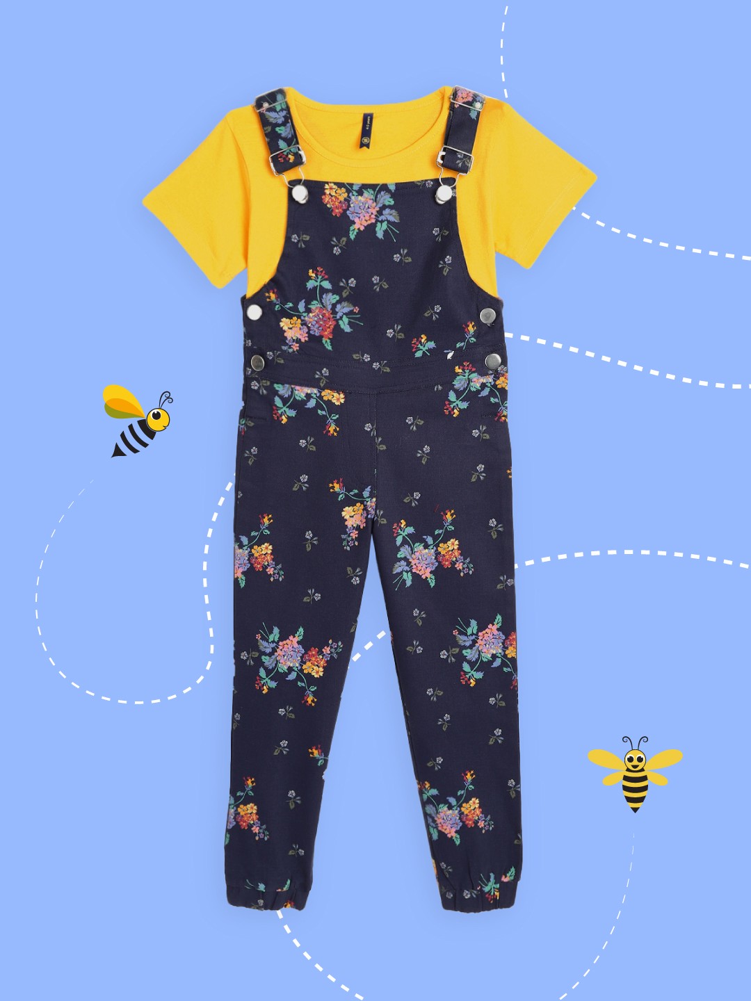 

YK Girls Navy Blue & Green Floral Print Cotton Jogger Dungarees with T-shirt