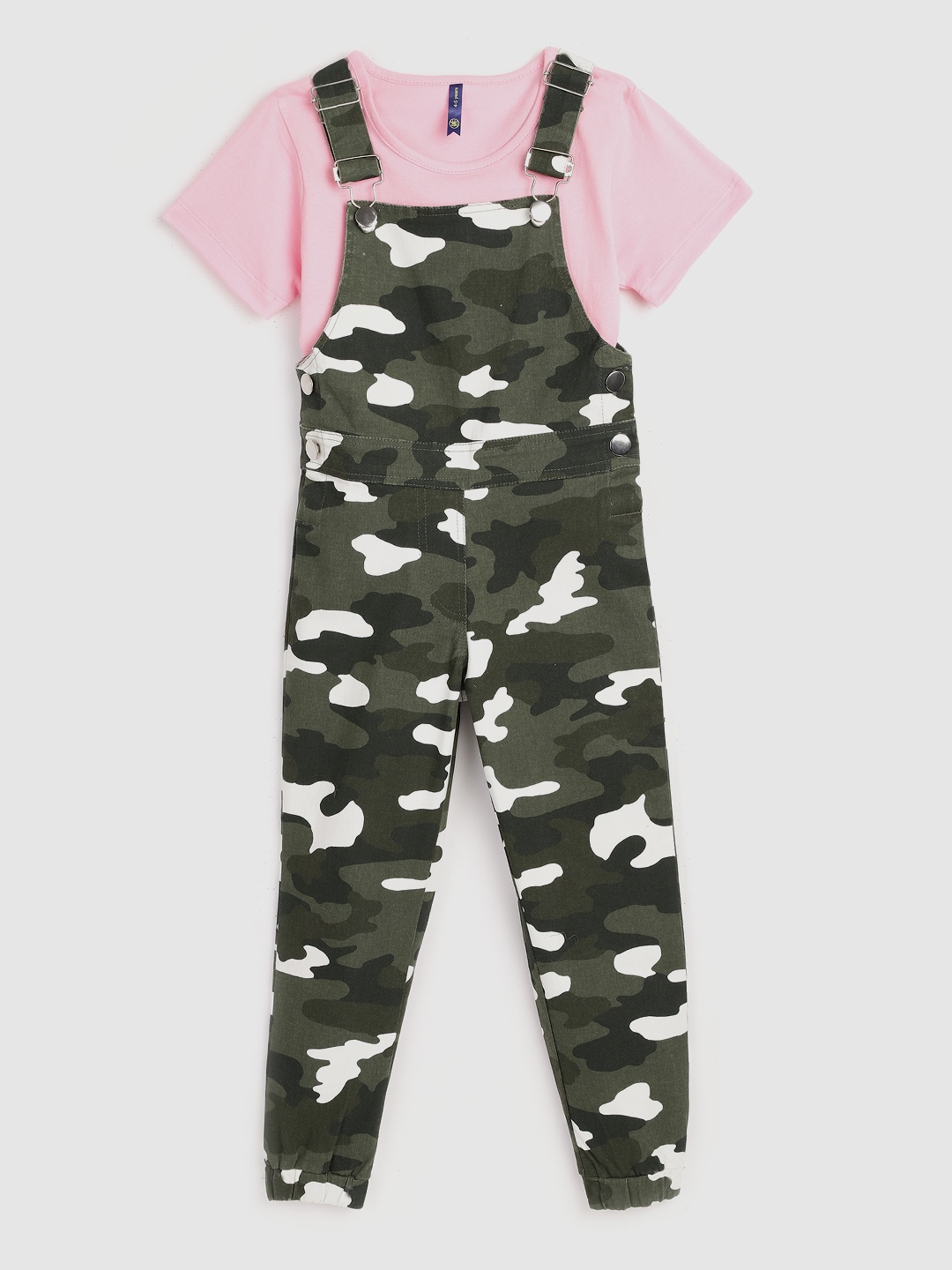 

YK Girls Olive Green & White Camouflage Print Cotton Jogger Dungarees with T-shirt