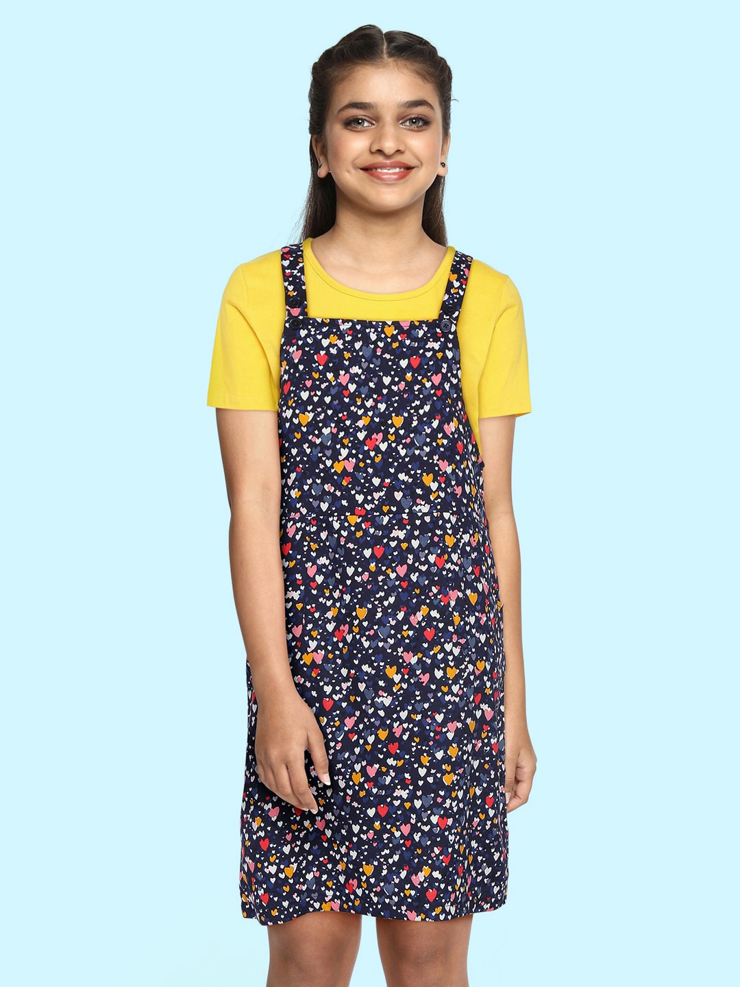 

YK Girls Navy Blue & Pink Conversational Print Pinafore Dress with Solid T-shirt