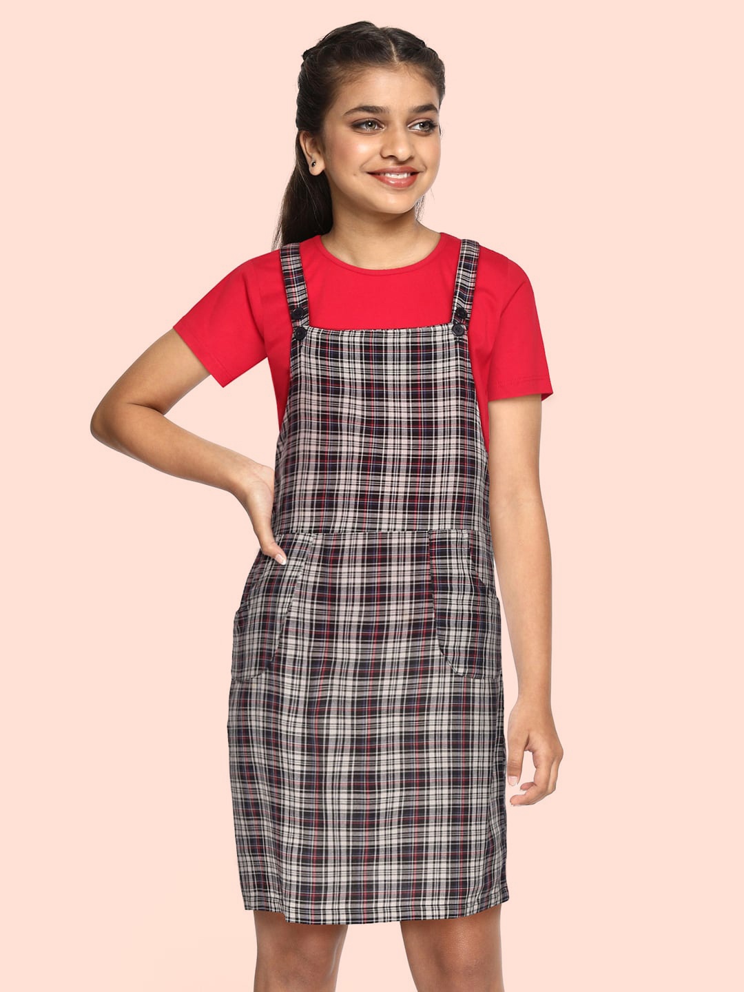 

YK Girls Black & White Checked Pinafore Dress with Solid T-shirt