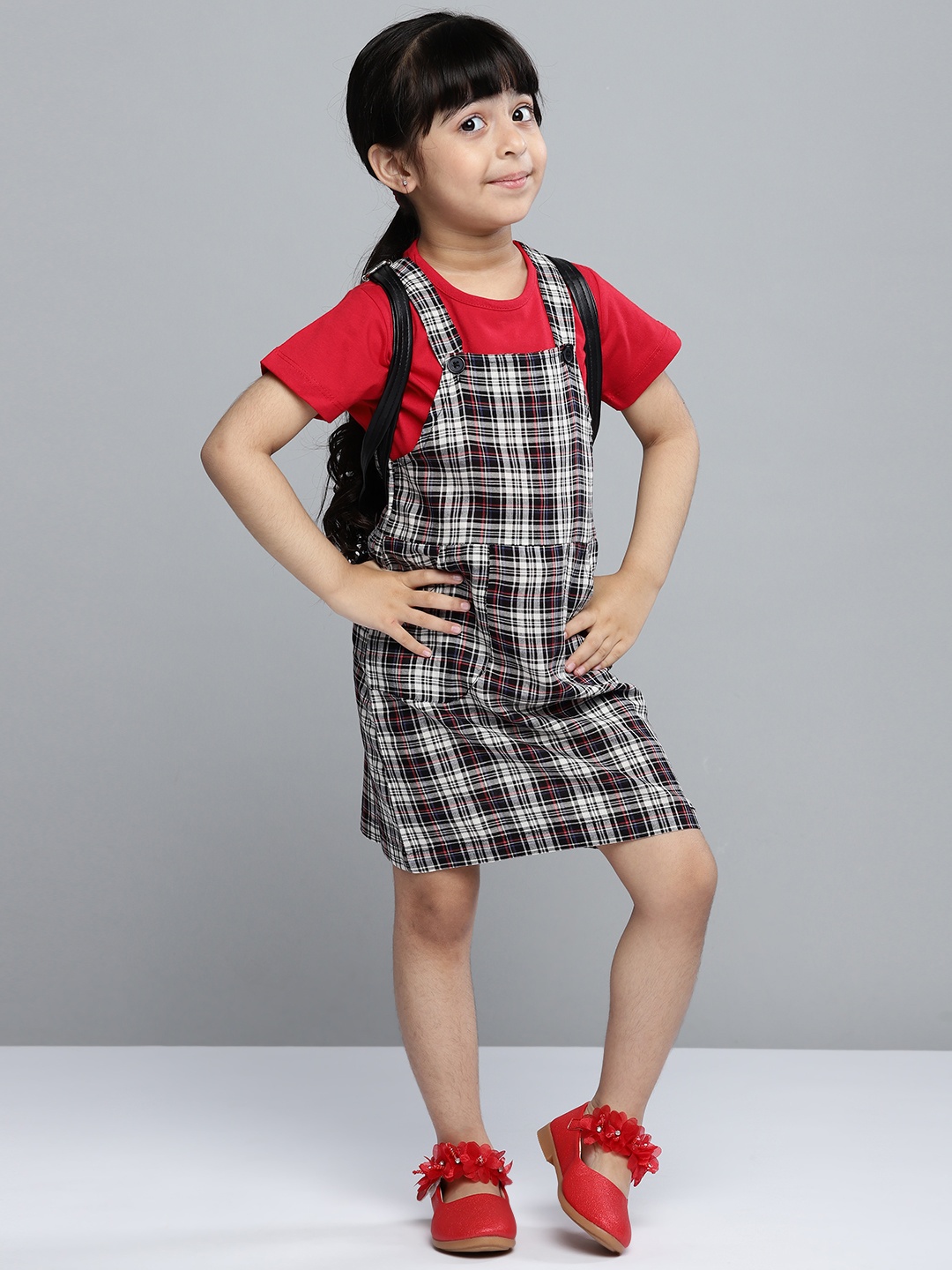 

YK Girls Black & White Checked Pinafore Dress with Solid T-shirt