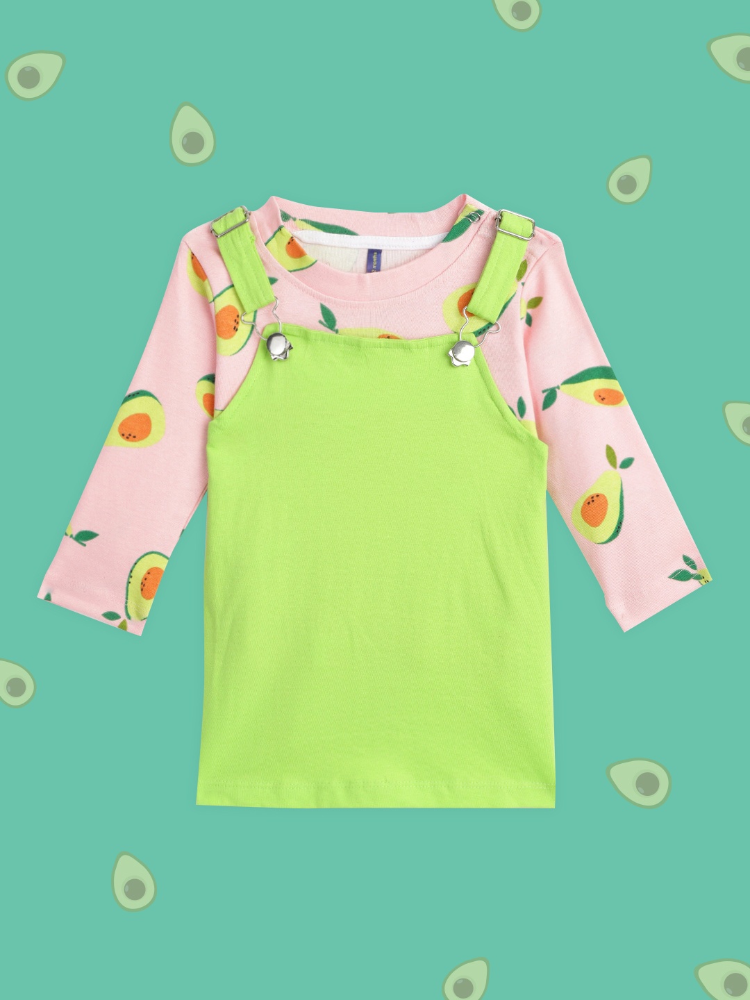 

YK Green & Pink Pure Cotton Pinafore Dress with T-shirt