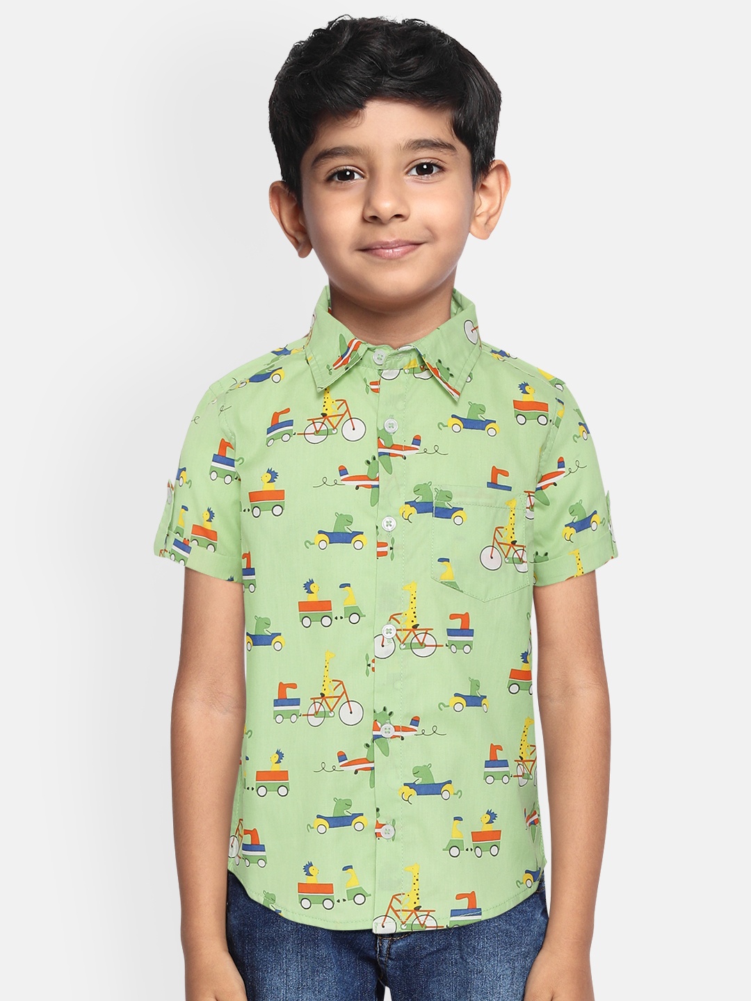 

YK Boys Green & Blue Pure Cotton Conversational Printed Casual Shirt