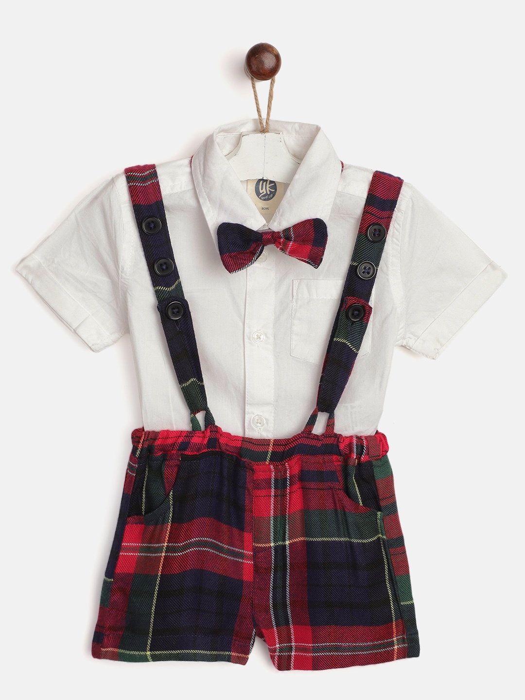 

YK Infant Boys Solid Shirt with Non-Detachable Checked Suspender Shorts & Bow Tie, White