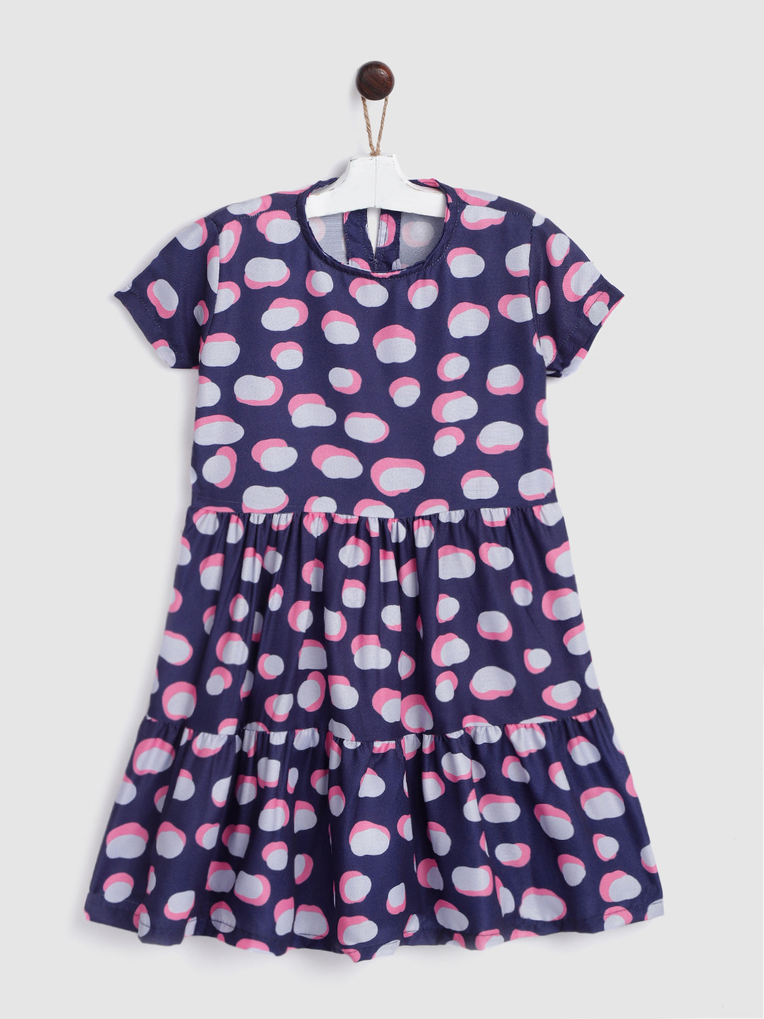 

YK Girls Navy Blue & Pink Geometric Print Tiered A-Line Dress