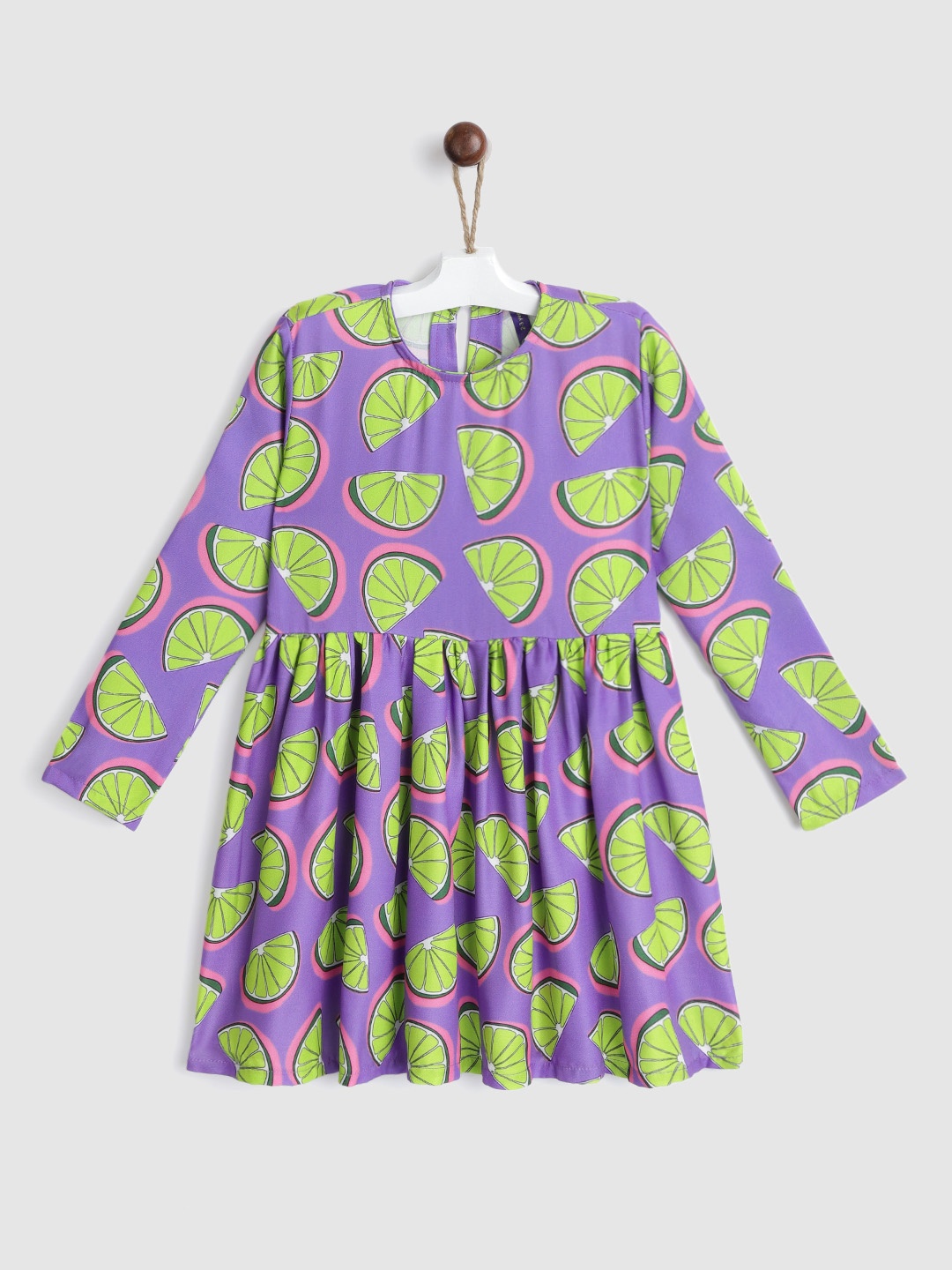 

YK Girls Purple & Green Conversational Print Fit & Flare Dress