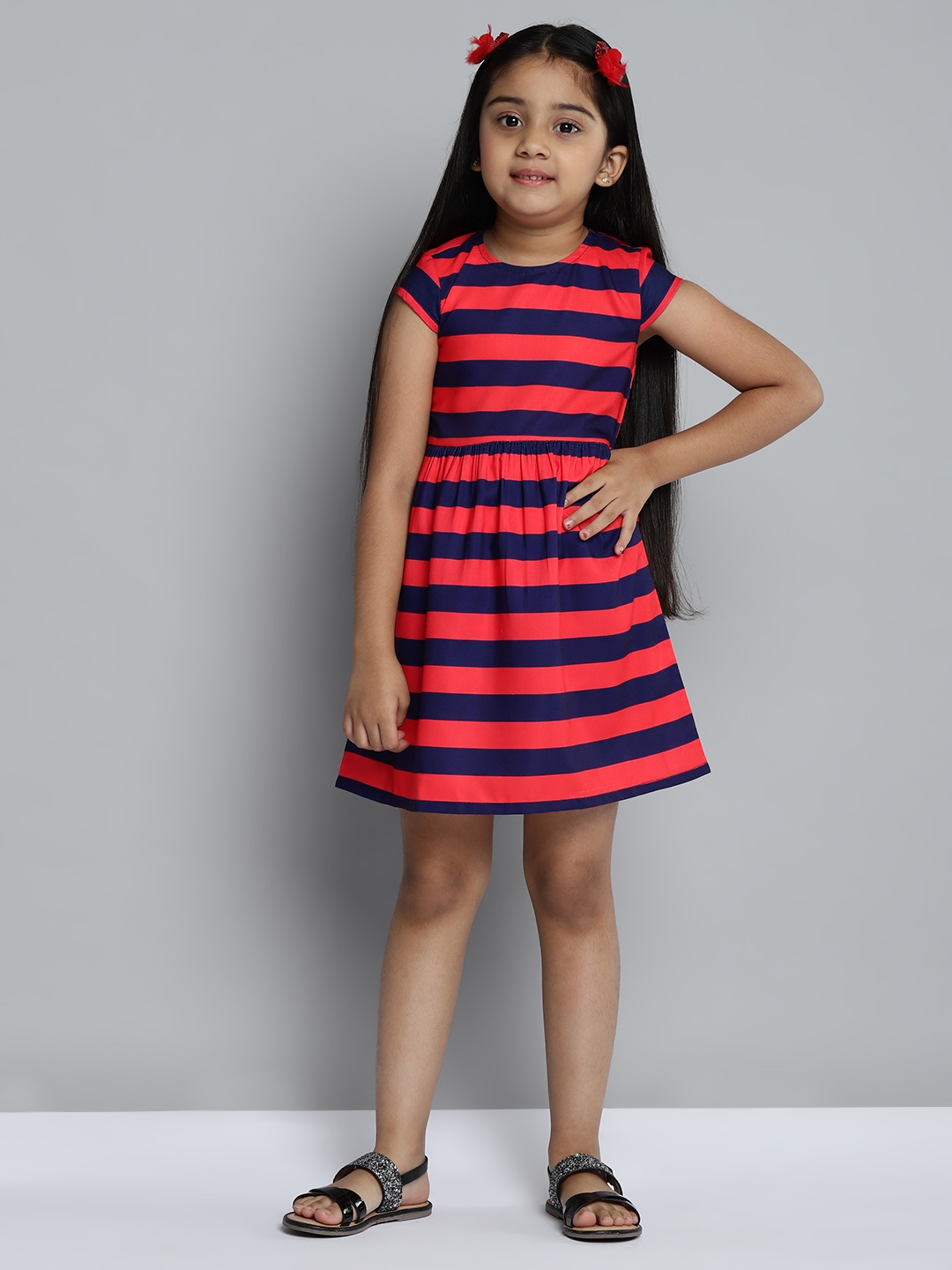 

YK Girls Navy Blue & Red Striped Fit & Flare Dress