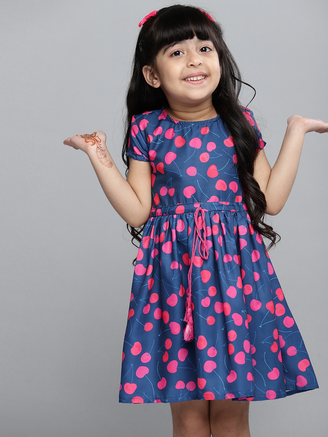 

YK Girls Blue & Pink Printed Fit & Flare Dress