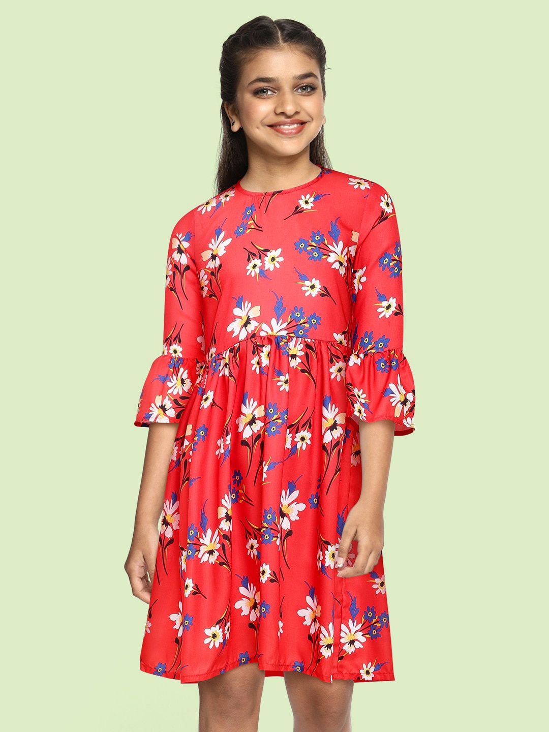 

YK Girls Red Printed Fit & Flare Dress