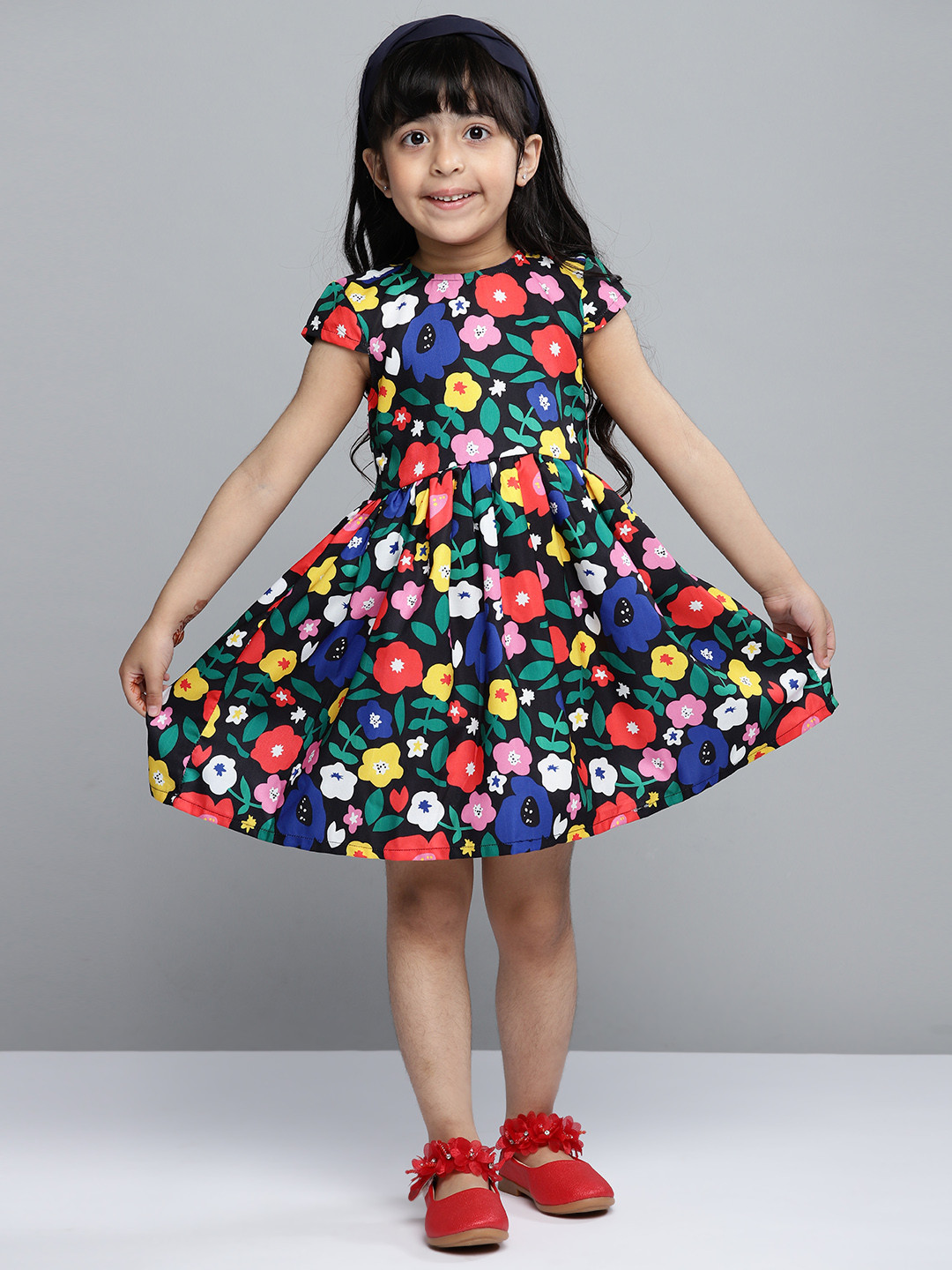 

YK Girls Black & Green Floral Print Fit & Flare Dress