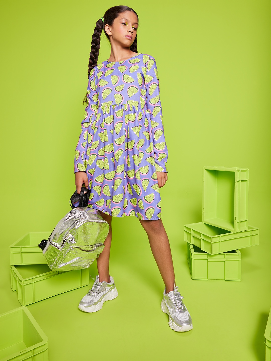 

YK Girls Purple & Green Conversational Print Fit & Flare Dress