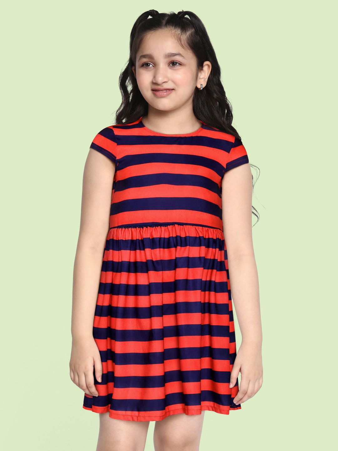 

YK Girls Red & Navy Blue Striped Fit & Flare Dress