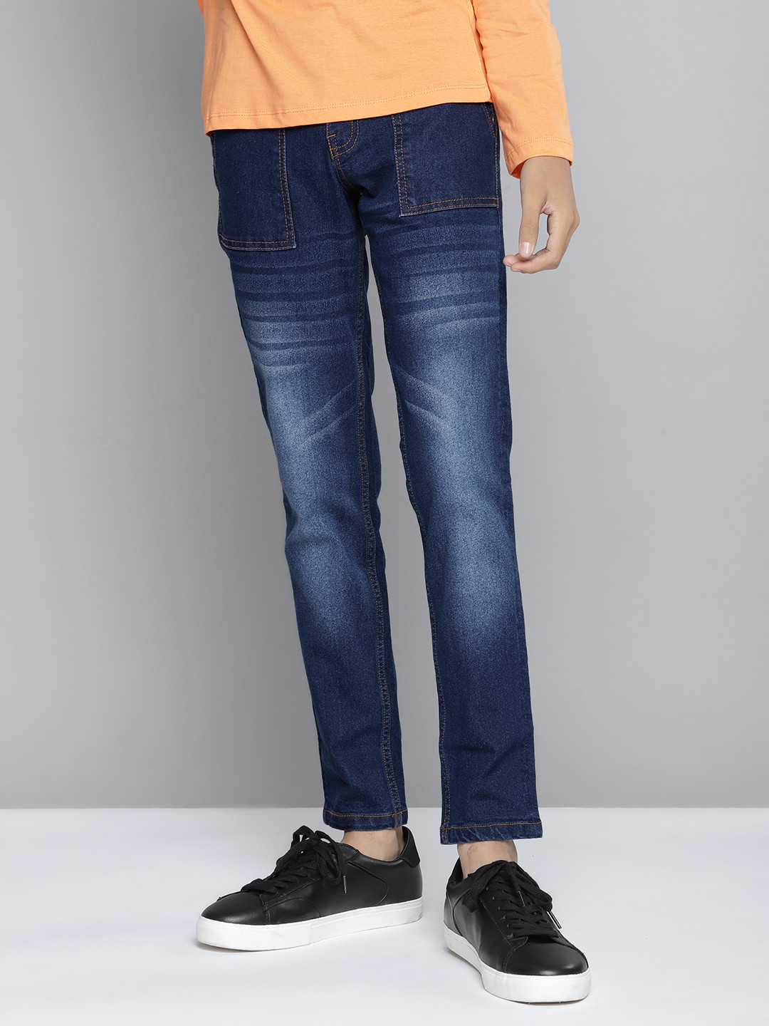 

YK Boys Navy Blue Light Fade Stretchable Jeans with Oversized Pockets