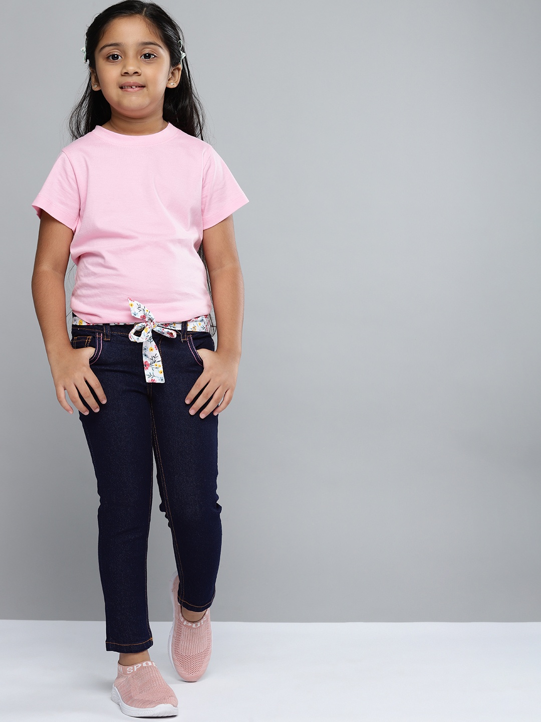 

YK Girls Navy Blue Stretchable Jeans with Floral Fabric Belt