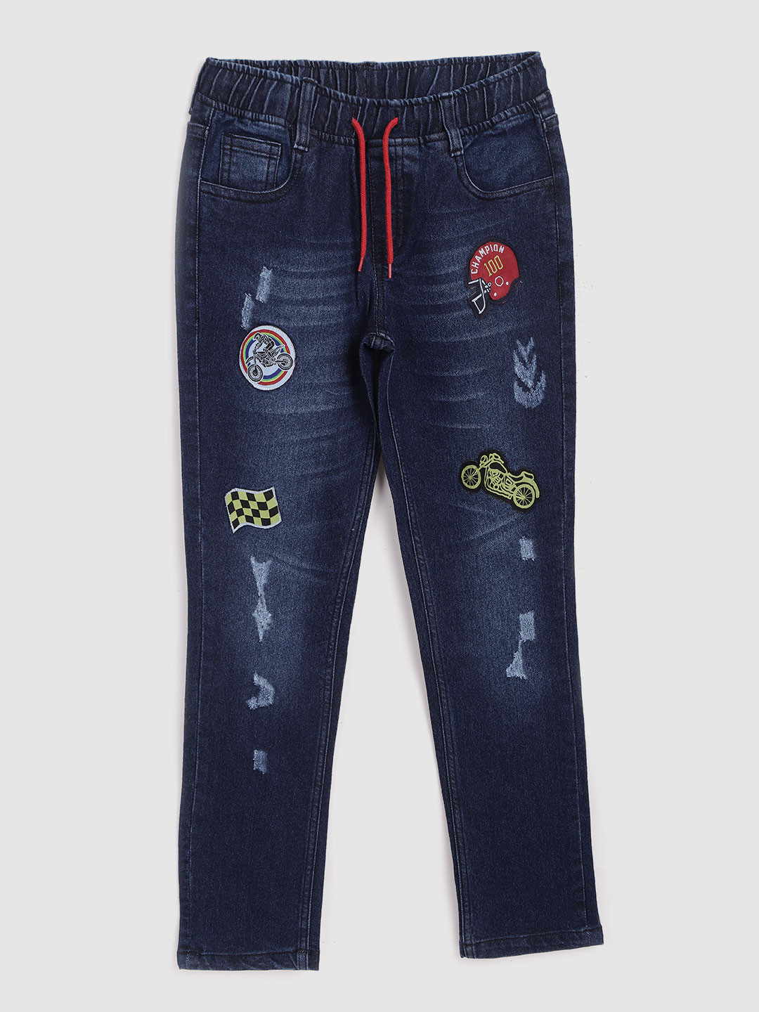 

YK Boys Navy Blue Mildly Distressed Light Fade Stretchable Jeans with Applique Detail