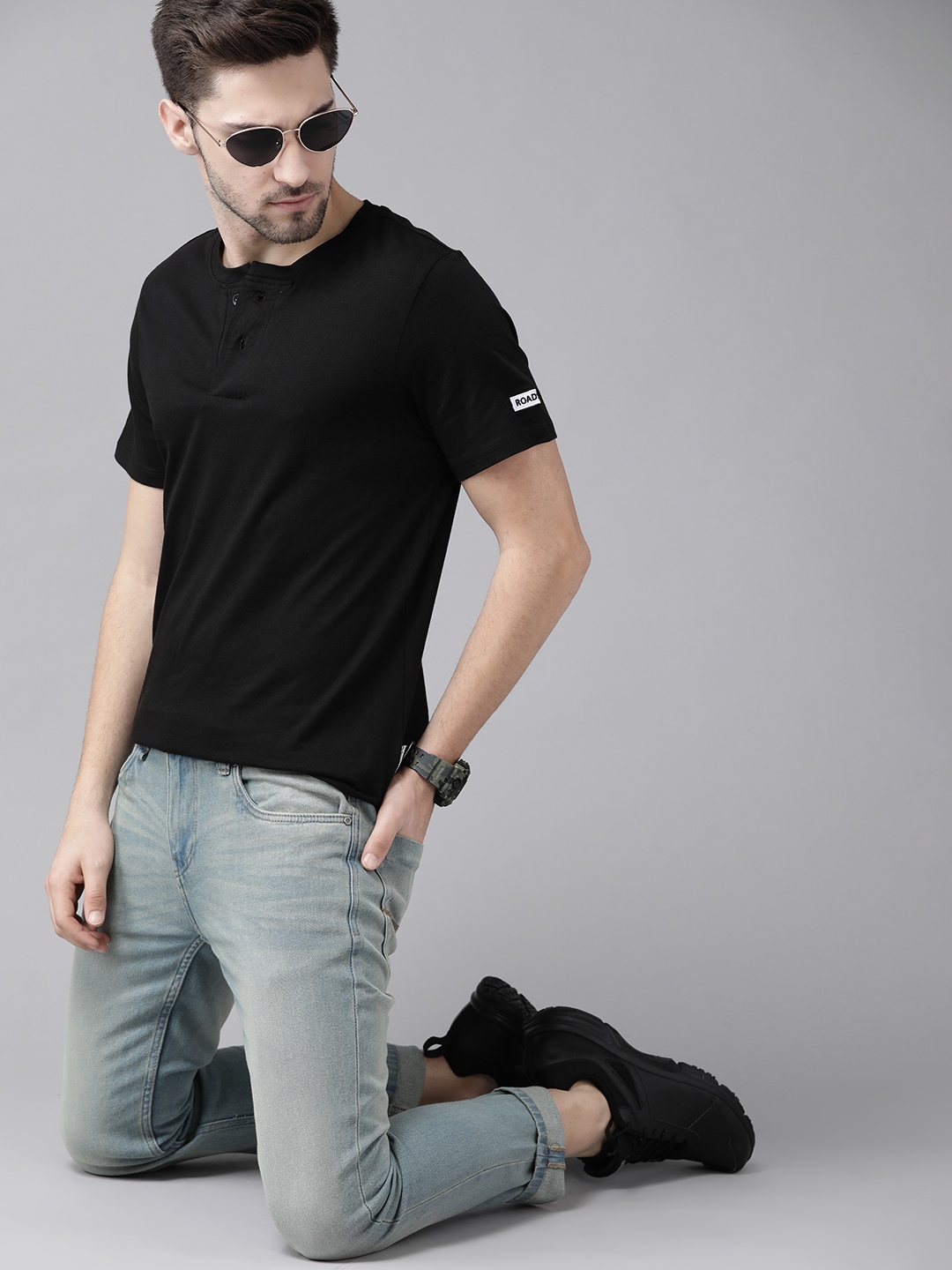 

Roadster Men Black Henley Neck Pure Cotton T-shirt